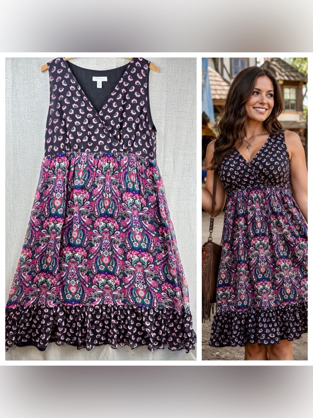 Charter Club Sleeveless Silk Midi Dress Black Pink Paisley Peasant Lined 14 M/L